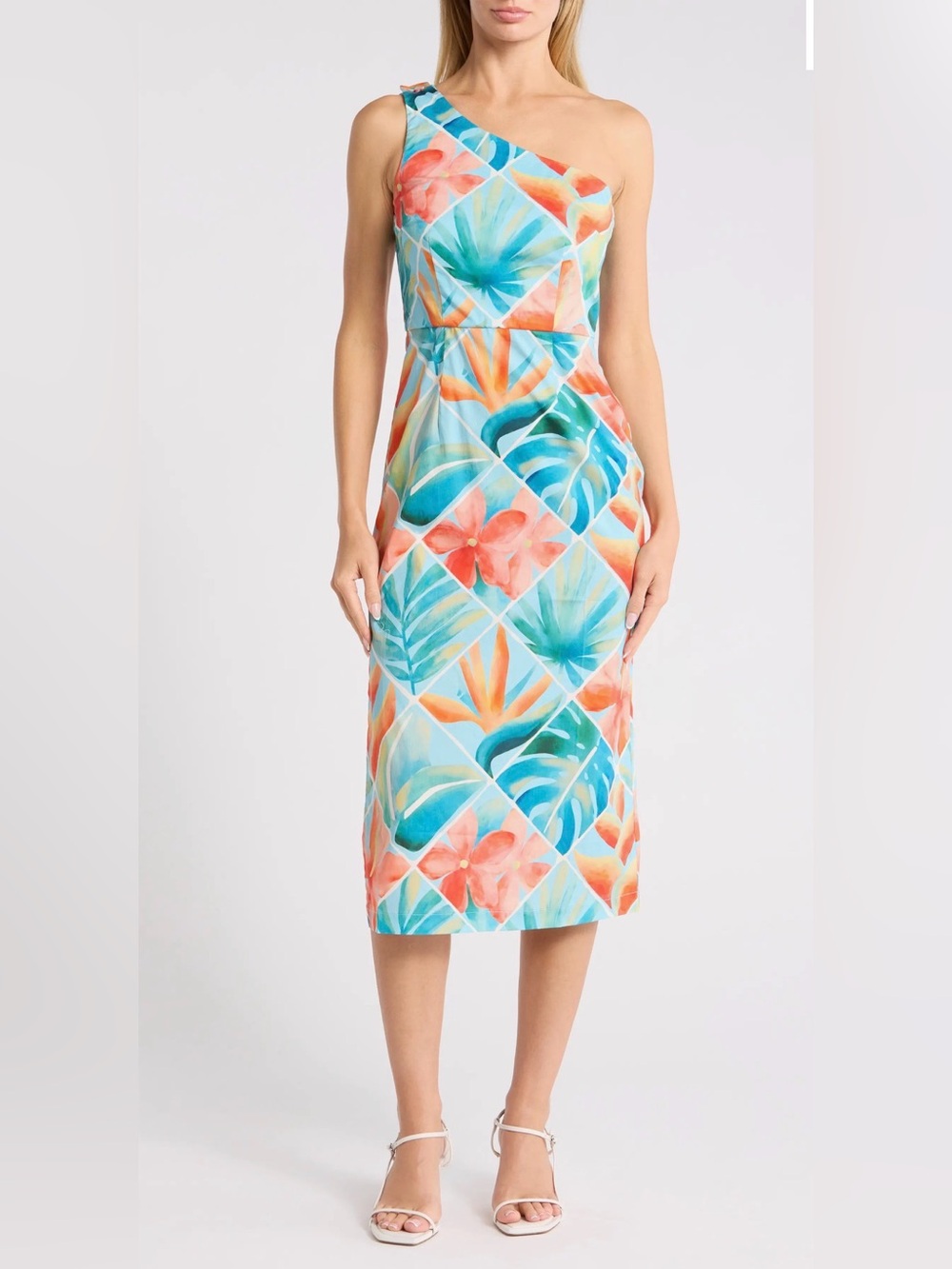 Tori Richard Picturesque Misa One Shoulder Midi Dress Blue Frost Floral Size 6